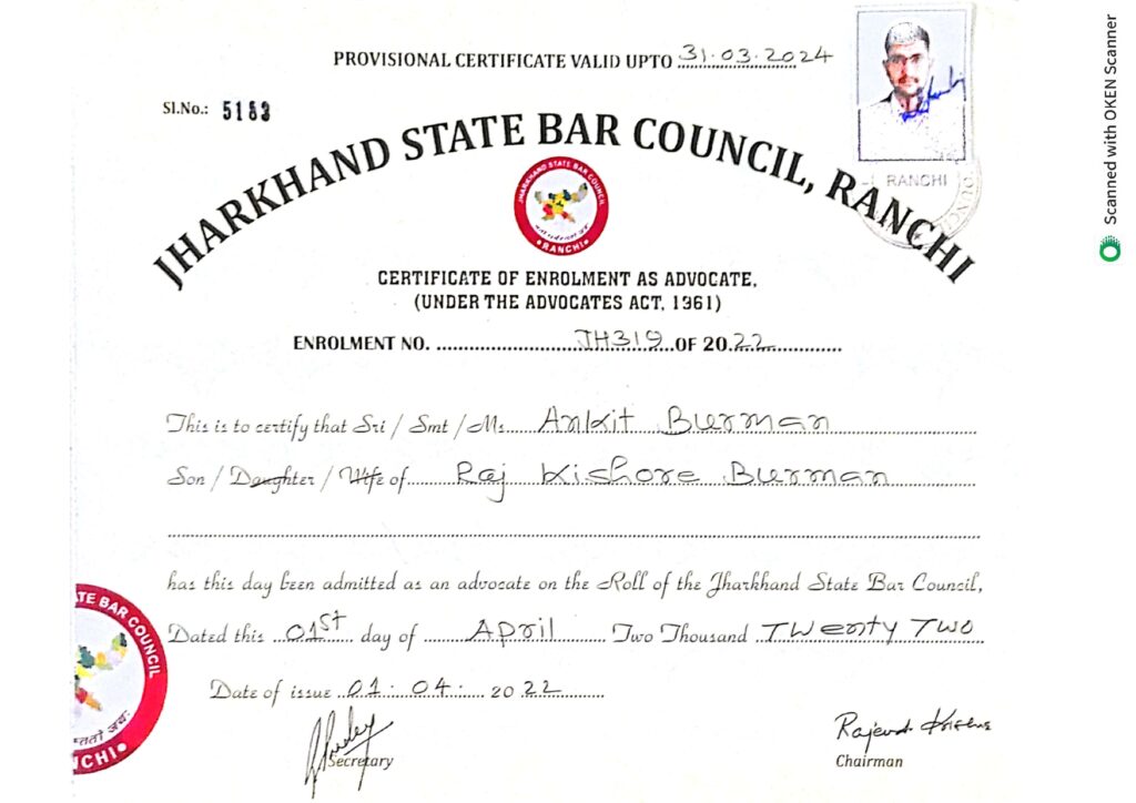 Jharkhand State Bar Council Ranchi enrollment certificate of Advocate Ankit Burman.